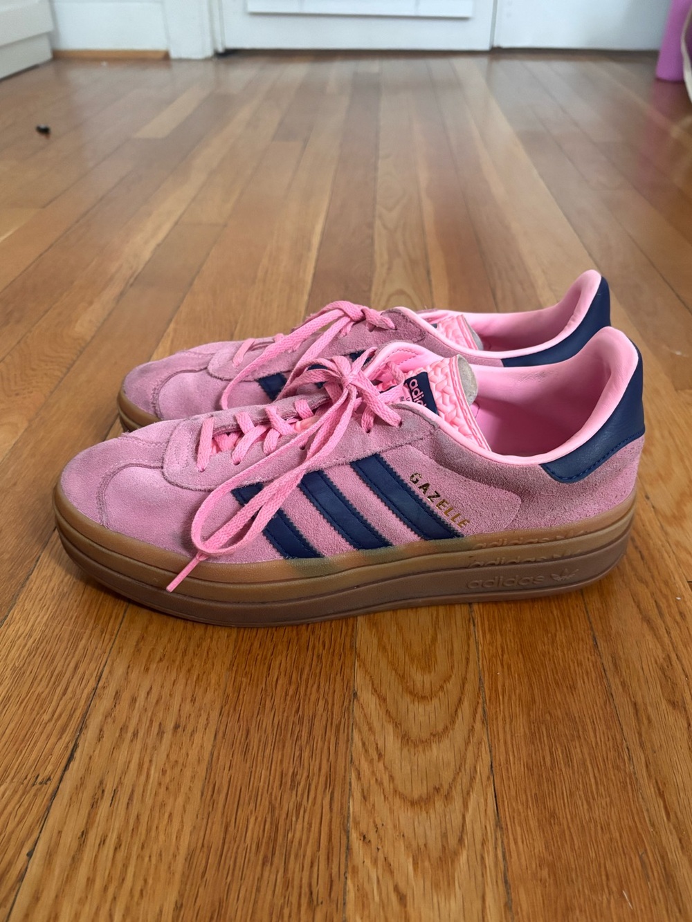 Pink and navy blue adidas gazelle bold platform sneakers